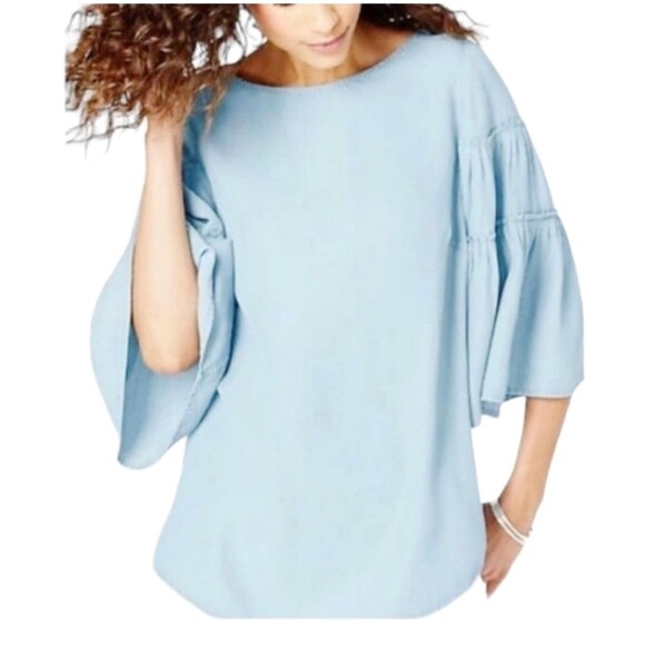 J. Jill Denim Blue Chambray Tiered Ruffle Bell Sleeve Blouse Top XLP Beachy READ - Picture 5 of 16
